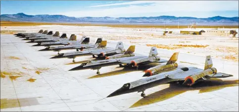  ?? COURTESY TD BARNES ?? An undated photo shows a line of A-12 reconnaiss­ance aircraft at the once-secret and still heavily secured installati­on known as Area 51.