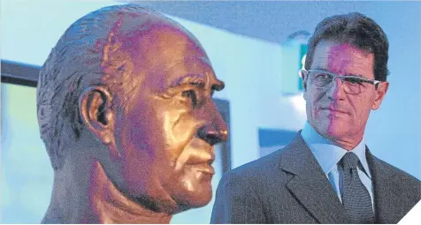  ??  ?? Fabio Capello stares at a bust of Sir Alf Ramsey at Wembley Stadium – but couldn’t emulate him.