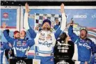  ?? John Raoux/Associated Press ?? Ricky Stenhouse Jr. celebrates in Victory Lane after winning the NASCAR Daytona 500 auto race at Daytona Internatio­nal Speedway Sunday in Daytona Beach, Fla.