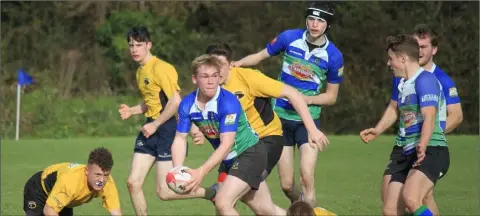  ??  ?? Dylan Sawyer off-loading for Gorey in their win against Ashbourne on Sunday.