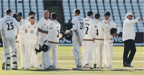  ??  ?? Durham players celebrate after sealing victory against Sussex. Pictures by Stu Norton.