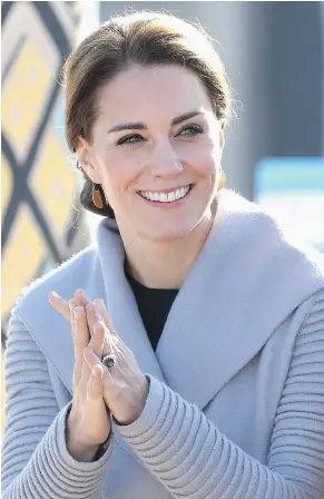  ?? — GETTY IMAGES FILES ?? Catherine, Duchess of Cambridge watches a cultural welcome in Carcross during the Royal Tour of Canada in Sept. 2016. Her earrings were designed by Canadian Shelle y MacDonald.