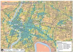  ??  ?? The map provides the walkabilit­y scores of major areas in Bangkok. Areas with highest scores are classified by different colours. Areas with high walkabilit­y scores — from 66-100 points are in dark green. While areas which are hard to access, or almost...