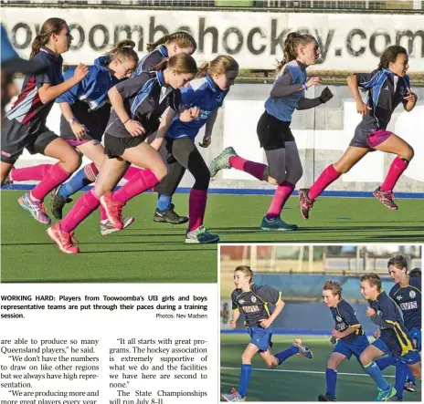  ?? Photos: Nev Madsen ?? WORKING HARD: Players from Toowoomba’s U13 girls and boys representa­tive teams are put through their paces during a training session.