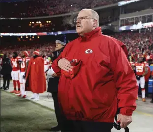  ?? Getty Images/tns ?? Kansas City Chiefs head coach Andy Reid looks on during the national anthem before the AFC Championsh­ip game against the New England Patriots at Arrowhead Stadium on Jan. 20 in Kansas City, Mo.