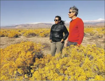  ?? Al Seib Los Angeles Times ?? NICK JENSEN, an analyst for the California Native Plant Society who has been banned from visiting the conservanc­y, and Naomi Fraga look out over the proposed site for the Centennial developmen­t at Tejon Ranch.