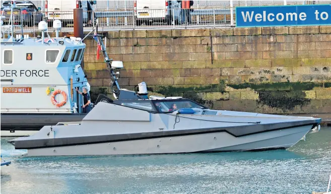  ??  ?? The new Madfox stealth boat, which could potentiall­y intercept illegal craft and catch smugglers, pictured in Dover harbour ‘This new technology could help in our mission to make these crossings unviable’