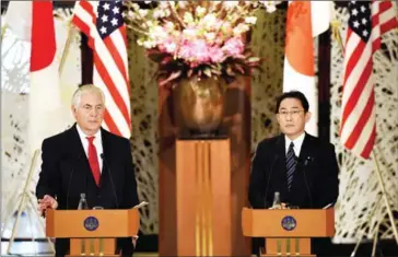  ?? TORU YAMANAKA/AFP ?? US Secretary of State Rex Tillerson (left) answers questions beside his Japanese counterpar­t Fumio Kishida during a joint press conference after their talks at the Iikura Guesthouse in Tokyo yesterday.