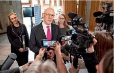  ?? AP ?? Fresh start: John Swinney speaks to the media after being voted in as First Minister at the Scottish parliament in Edinburgh.