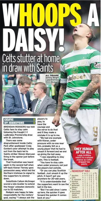  ??  ?? ALL SQUARE Tommy Wright and Brendan Rodgers ONLY HUMAN AFTER ALL Leigh Griffiths reacts to a missed chance as Celtic dropped two points