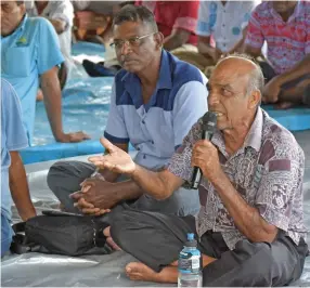  ?? Photo: Shartika Naidu ?? Satendra Nath raising his concerns during the National Sugar Sector Industry Policy consultati­on at Vunimoli, Labasa on February 8, 2019.