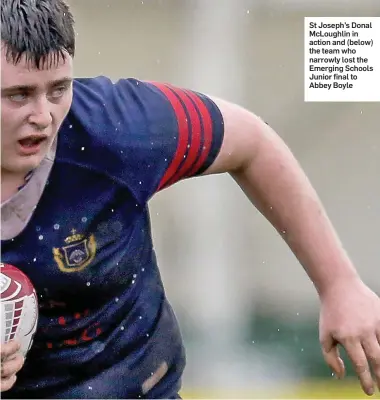  ??  ?? St Joseph’s Donal McLoughlin in action and (below) the team who narrowly lost the Emerging Schools Junior final to Abbey Boyle