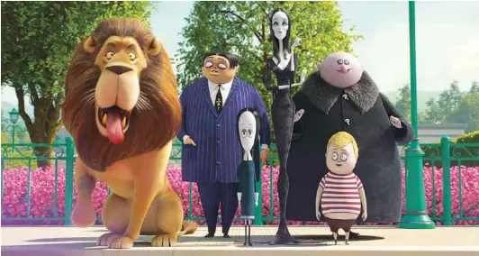  ?? METRO GOLDWYN MAYER PICTURES ?? The Addams family, from left: Gomez (Oscar Isaac), Wednesday (Chloe Grace Moretz), Morticia (Charlize Theron), Uncle Fester (Nick Kroll) and Pugsley (Finn Wolfhard).