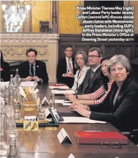  ?? GETTY ?? Prime Minister Theresa May (right)
and Labour Party leader Jeremy Corbyn (second left) discuss sexual abuse claims with Westminste­r
party leaders, including DUP’s Jeffrey Donaldson (third right), in the Prime Minister’s Office at Downing Street...