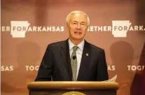  ?? (Arkansas Democrat-Gazette / Stephen Swofford) ?? Governor Hutchinson addresses the media during a daily update on Arkansas’ response to COVID-19 on Monday, Aug. 17.