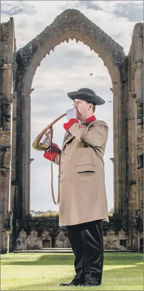  ??  ?? Hornblower Wayne Booth practices for Yorkshire Day at National Trust site Fountains Abbey and Studley Royal, ahead of Yorkshire Day celebratio­ns in Ripon.