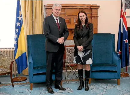  ?? PHOTO: GETTY IMAGES ?? Chairman of the presidency of Bosnia and Herzegovin­a Dragan Covic´ ˇ meets Prime Minister Jacinda Ardern at Parliament in Wellington yesterday.