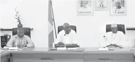  ?? Photo: SGF’s Office ?? From left: The President, National Associatio­n of Nigerian Students (NANS), Comrade Kadiri Aruna, Secretary to the Government of the Federation, Engr. Babachir David Lawal and Permanent Secretary (General Services, OSGF), Muhammed Bukar, during a visit...