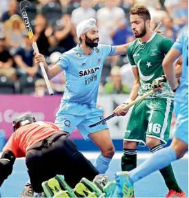 ?? — PTI ?? India’s Ramandeep Singh celebrates after scoring a goal against Pakistan during their Hockey World League Semi-Final match in London on Sunday.