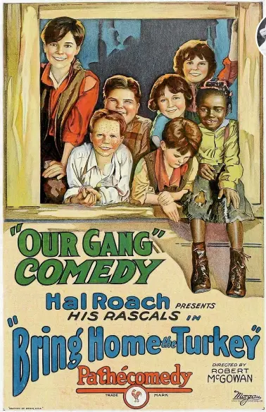  ?? GETTY IMAGES ?? A poster for the 1927 film Bring Home The Turkey. Mildred Kornman is on the centre right in a pale blue top. Above, in Little Rascals, one of the Our Gang series, in 1928.