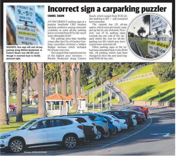  ?? Pictures: PETER RISTEVSKI ?? WHOOPS: One sign still said all-day parking along Ritchie Boulevard, at Eastern Beach was still $13 even though it reverted back to $5.80, pictured right.