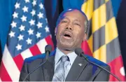  ??  ?? Ben Carson speaks during an election night party in Baltimore on Monday. Carson says there’s ‘no path forward’ in the 2016 race after the Super Tuesday results.