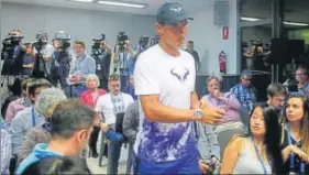  ?? AP ?? Rafael Nadal arrives for a press conference at the Barcelona Open tournament on Monday.