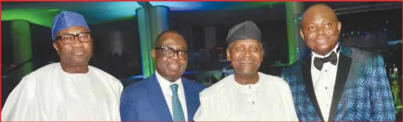  ??  ?? L-R: Chairman, Forte Oil Plc, Mr. Femi Otedola; Chairman, Board of Directors, Fidelity Bank Plc, Mr. Ernest Ebi; President, Dangote Group, Alhaji Aliko Dangote; and Managing Director/CEO, Fidelity Bank Plc, Mr. Nnamdi Okonkwo, at Fidelity Bank’s end of the year party with the theme, ‘Doing Good,’ in Lagos…weekend