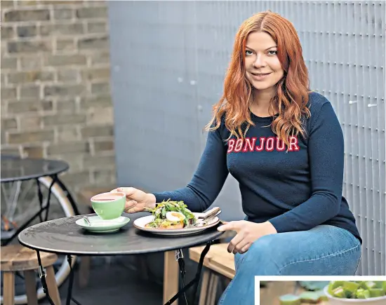  ??  ?? TIME IS OF THE ESSENCE Anna Hart sits down to a healthy – and leisurely – meal; below, avoid raw fruit and veg after 4pm