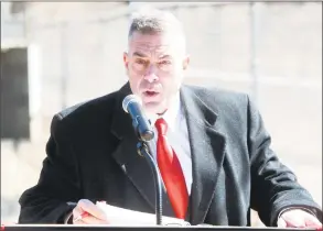  ?? Hearst Connecticu­t Media file photo ?? Superinten­dent of Schools Matthew Conway speaks at the groundbrea­king ceremony for the new J.R. Payden Field House and baseball field at Derby High School in March.