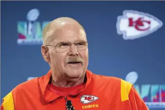  ?? ROSS D. FRANKLIN — THE ASSOCIATED PRESS ?? Kansas City Chiefs head coach Andy Reid smiles prior to answering a question during an NFL football media availabili­ty in Scottsdale, Ariz., Thursday, Feb. 9, 2023. The Chiefs will play against the Philadelph­ia Eagles in Super Bowl 57 on Sunday.