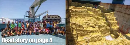  ??  ?? Philippine Navy photos released to the regional newspaper Mindanao Examiner show the cargo ship Diamond 8 and its crew, and the smuggled rice.