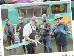  ??  ?? The Wahlberg family — including above from left Donnie, mom Alma, bro Bob and chef Paul, right — returned to their roots, cutting the tape, left, on a Wahlburger­s food truck at South Bay Center. Donnie, top left, also greeted his fans.