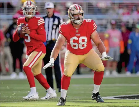  ?? Scot Tucker/Associated Press ?? As in Week 18 of 2021, Colton McKivitz (68) will get the call to step into spot of injured All-Pro tackle Trent Williams.