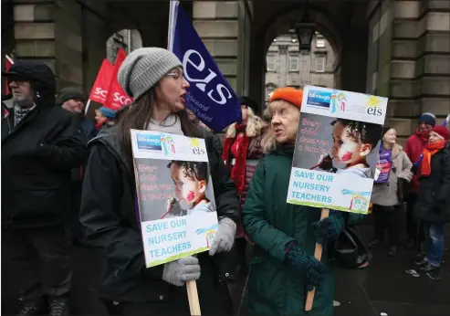  ?? Picture: Gordon Terris ?? Demonstrat­ors gathered at Edinburgh City Chambers to highlight a range of services which could be facing cuts by the local authority