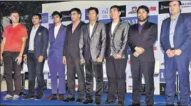  ?? SAMIR JANA/HT PHOTO ?? Sergey Karjakin (from left), P Harikrishn­a, VS Gujrathi, Viswanatha­n Anand, Surya Sekhar Ganguly, Wesley So, Hikaru Nakamura and Shakhriyar Mamedyarov at a press conference for the Tata Steel Chess India tournament in Kolkata on Thursday.