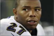  ?? NICK WASS — THE ASSOCIATED PRESS FILE ?? In this Aug. 27, 2014 photo, Baltimore Ravens running back Ray Rice sits on the sideline in the first half of an NFL preseason football game against the San Francisco 49ers in Baltimore.