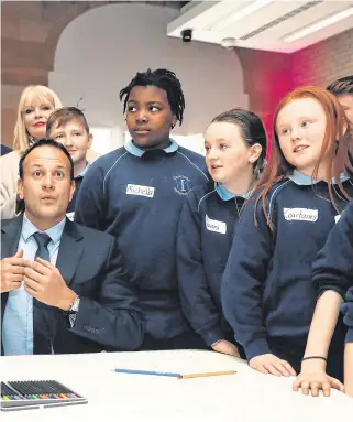  ?? PHOTO: PA WIRE ?? Won’t budge on position: Taoiseach Leo Varadkar with pupils from Our Lady Immaculate, Darndale, Dublin, during the Government’s launch of the Action Plan for Education 2019 yesterday.