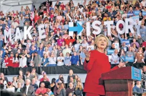  ?? GETTY IMAGES ?? Hillary Clinton speaks during a campaign rally in Raleigh, North Carolina, on November 8, 2016, just before election day in the United States.