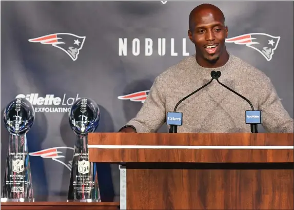  ?? STAFF PHOTO BY CHRIS CHRISTO/MEDIANEWS GROUP/BOSTON HERALD) ?? Devin McCourty speaks during a media availabili­ty to honor his 13-year Patriots career.