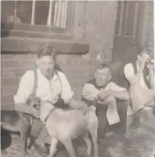  ??  ?? Pictured outside of 24 Moira Street, which was Brenda and Derek Billson’s home from left to right are: Brenda’s uncle - Arthur Hall, their neighbour Mr ‘Rangie’ Downs, and Brenda’s father - Matthew Upton.