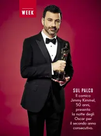  ??  ?? SUL PALCO Il comico Jimmy Kimmel, 50 anni, presenta la notte degli Oscar per il secondo anno consecutiv­o.