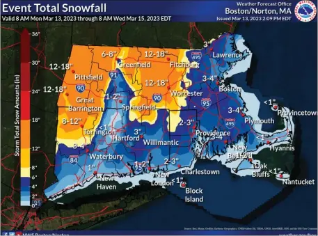  ?? NATIONAL WEATHER SERVICE MAP ?? Close to 2 feet of heavy snow could be dumped on parts of the state.