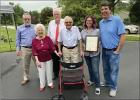  ?? EVAN BRANDT — MEDIANEWS GROUP ?? From left, Brian Parkes, executive director of the Tri-County Active Adult Center, Martha Pish, State Rep. Tim Hennessey, Chester Pish, Pottstown Mayor Stephanie Henrick and state Rep. Joe Ciresi.