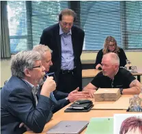  ?? PHOTO: LUISA GIRAO ?? Key players . . . Before an Invercargi­ll City Council meeting at which the review was discussed are (from left) independen­t evaluator Richard Thomson and governance expert Bruce Robertson who talk to Invercargi­ll Mayor Tim Shadbolt and deputy mayor Nobby Clark. Inset: Clare Hadley.