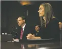  ?? GABRIELLA DEMCZUK/THE NEW YORK TIMES ?? Rod Rosenstein, left, the deputy attorney general nominee, and Rachel Brand, the nominee for associate attorney general, testify Tuesday at the Capitol in Washington, D.C.