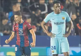  ?? FOTO: PERE PUNTÍ ?? Yerry Mina, con el rostro serio tras un gol de Bardhi en el Levante-Barça