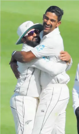  ?? Photo / Photosport ?? Ajaz Patel (left) and Ish Sodhi took three wickets in eight balls to spark hopes of an unlikely Black Caps victory last night.