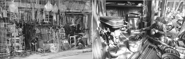  ??  ?? (Clockwise from top left) This picture taken on Dec 8, 2016 shows men working at metal houseware shops on Lo Ren street in downtown Hanoi. • Sitting before a bright orange flame, Vietnamese blacksmith Nguyen Phuong Hung prods a fire pit with a long...