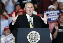  ?? JEFF ROBERSON — THE ASSOCIATED PRESS FILE ?? Rush Limbaugh introduces President Donald Trump at the start of a 2018rally in Cape Girardeau, Mo. Limbaugh, the talk radio host who became the voice of American conservati­sm, has died.
